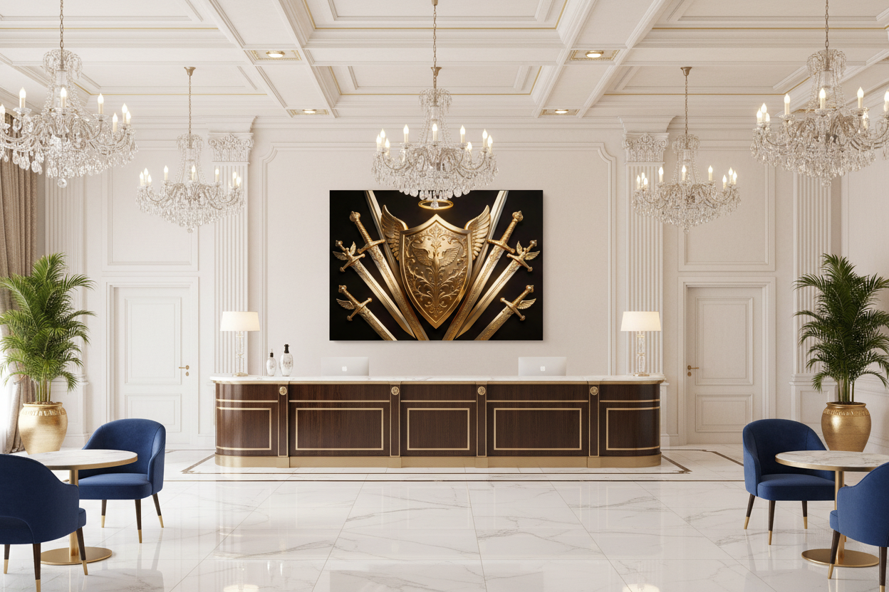 Divine Golden Shield and Angelic Swords canvas wall art displayed on the feature wall of a grand luxury hotel reception lobby with marble floors and crystal chandeliers - Portugal Canvas Co