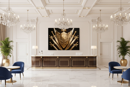 Divine Golden Shield and Angelic Swords canvas wall art displayed on the feature wall of a grand luxury hotel reception lobby with marble floors and crystal chandeliers - Portugal Canvas Co
