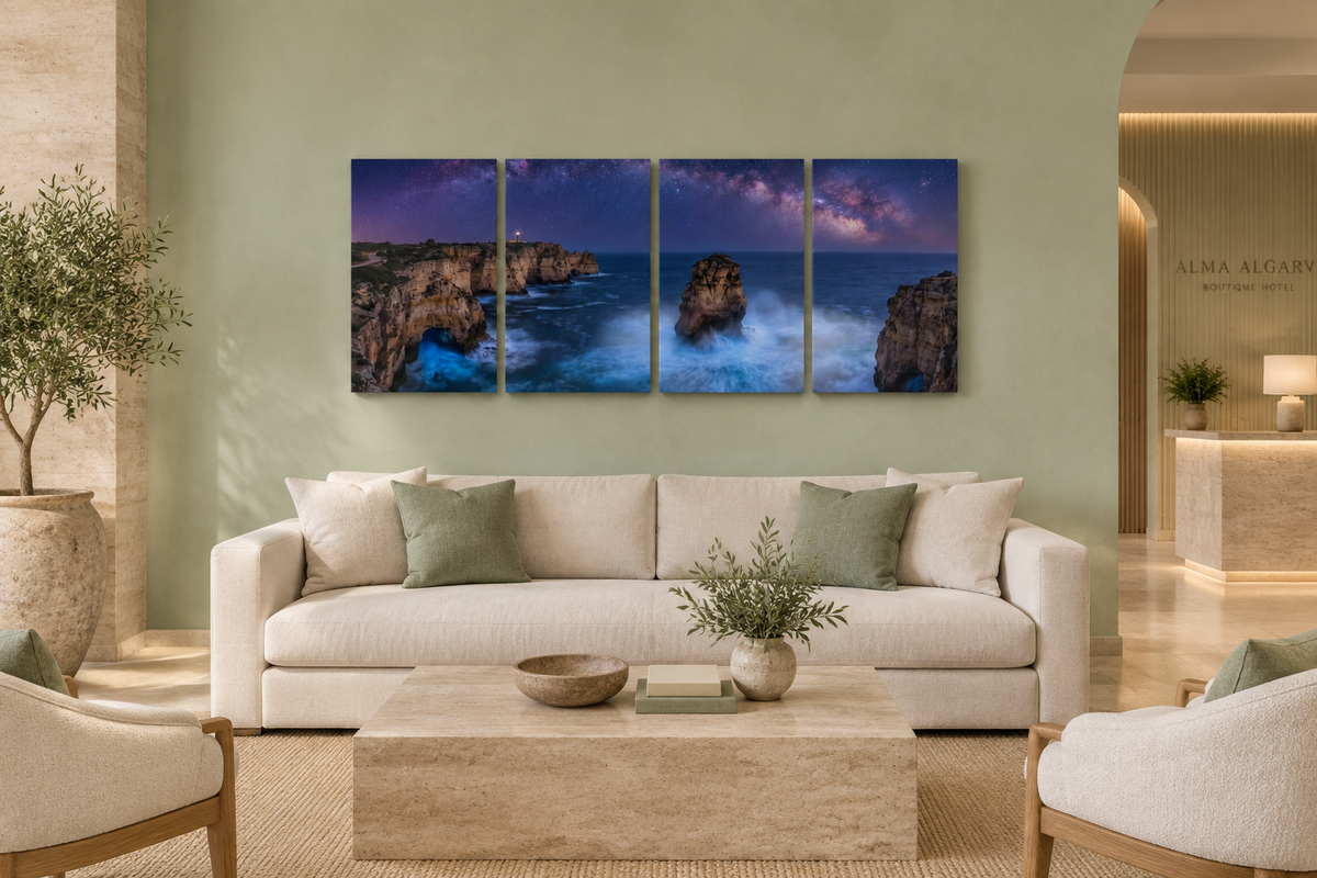 Four-panel Algarve night seascape canvas in a sage and travertine five-star hotel lobby - Portugal Canvas Co