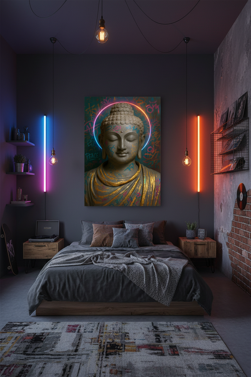 Graffiti Buddha canvas wall art with neon halo and colourful urban background displayed in a trendy eclectic bedroom with dark moody walls and neon accents - Portugal Canvas Co