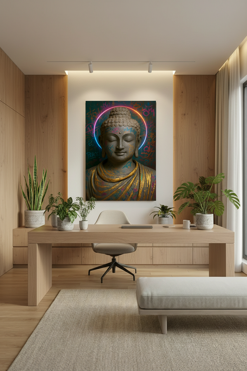 Graffiti Buddha neon halo canvas wall art displayed in a stylish home office with warm wood tones - Portugal Canvas Co