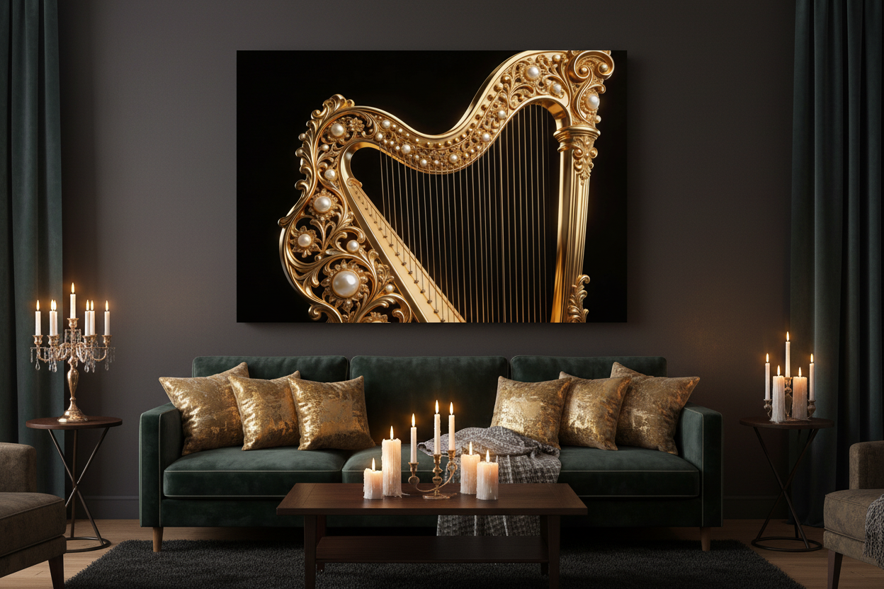 Divine golden baroque harp canvas wall art displayed on charcoal black wall above dark velvet sofa in dramatic luxury living room - Portugal Canvas Co