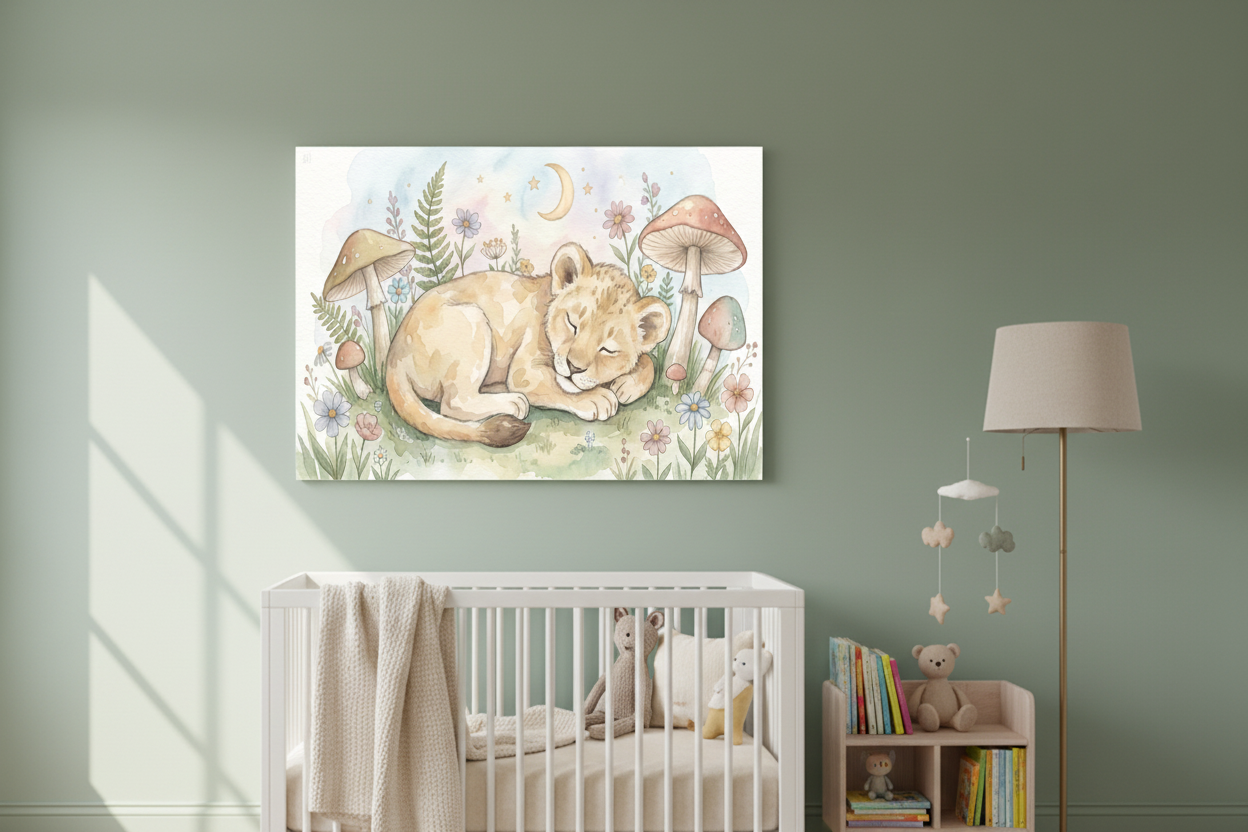 Sleeping baby lion cub nursery canvas wall art on a sage green nursery wall above a wooden bookshelf - Portugal Canvas Co
