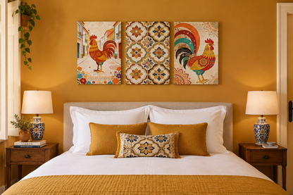 Portuguese folk rooster and azulejo canvas triptych above a bed in a mustard ochre guesthouse bedroom - Portugal Canvas Co