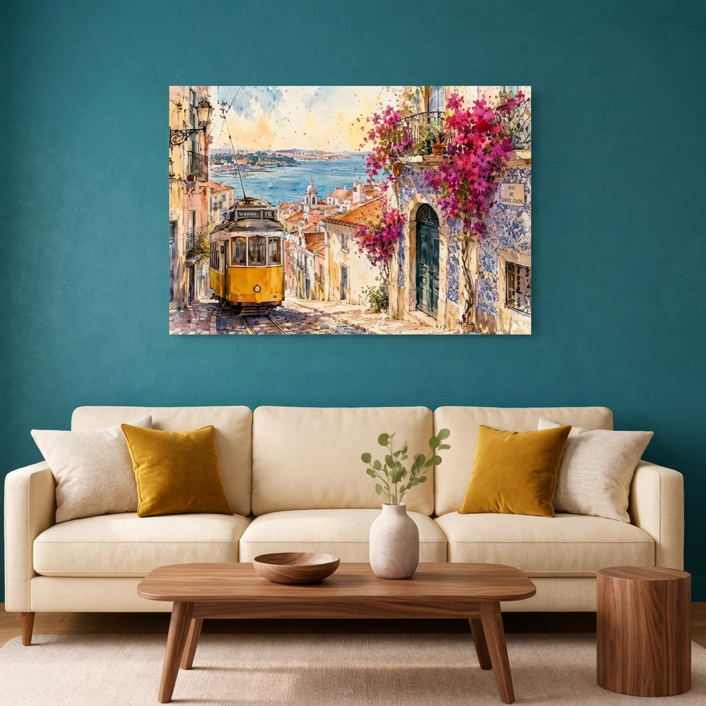 Lisbon yellow tram watercolour canvas above a cream sofa against a teal wall - Portugal Canvas Co