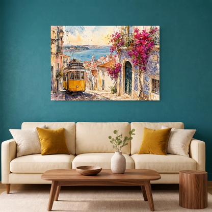 Lisbon yellow tram watercolour canvas above a cream sofa against a teal wall - Portugal Canvas Co