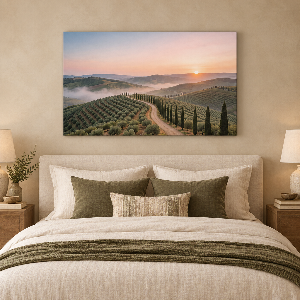 Tuscan sunrise cypress road canvas above a cream bed in a sand and olive bedroom - Portugal Canvas Co