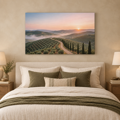 Tuscan sunrise cypress road canvas above a cream bed in a sand and olive bedroom - Portugal Canvas Co