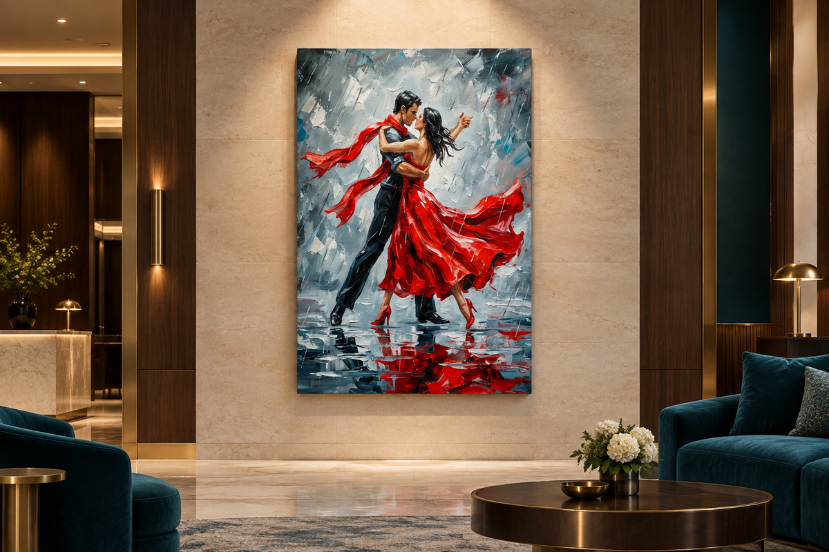 Red dress tango couple portrait canvas displayed in a boutique hotel lobby - Portugal Canvas Co