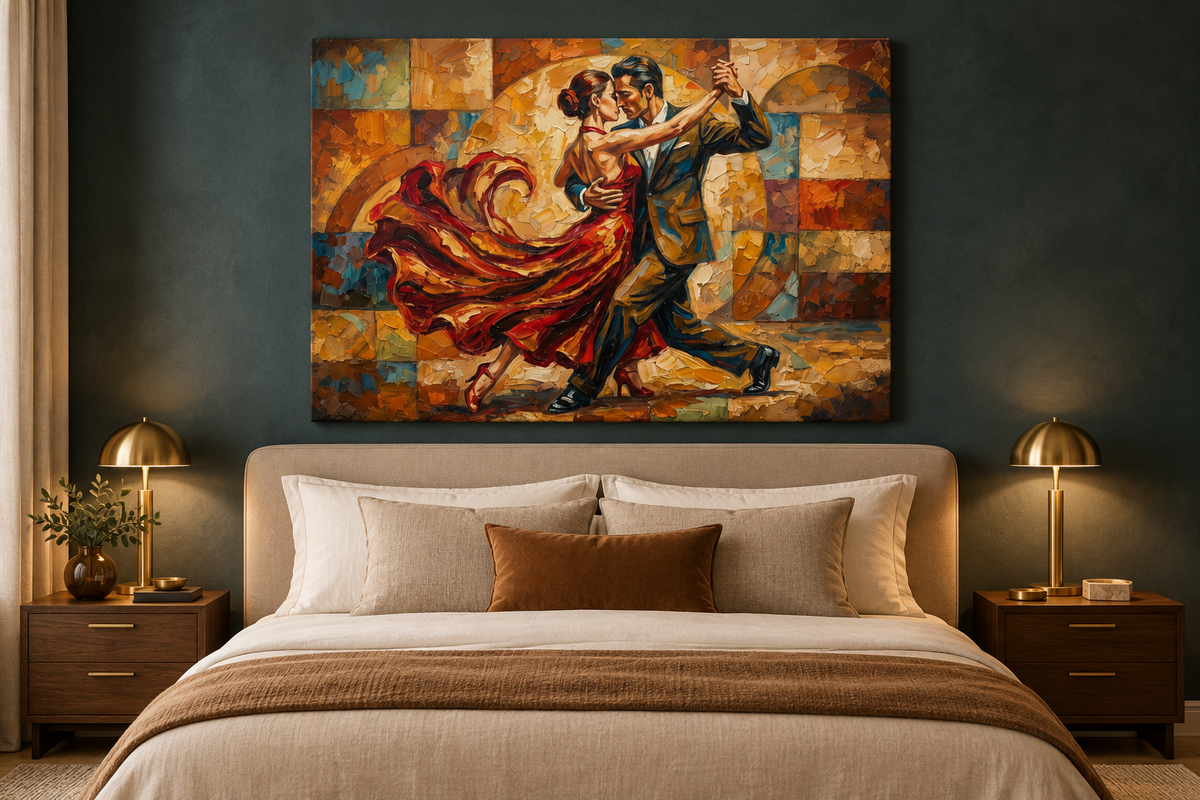 Geometric red dress tango canvas displayed in a boutique hotel suite - Portugal Canvas Co