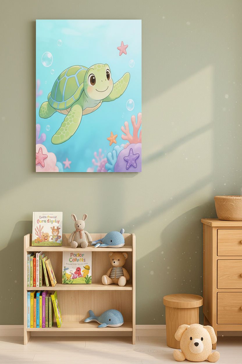 Cute baby sea turtle nursery canvas wall art on a sage green nursery wall above a wooden bookshelf - Portugal Canvas Co