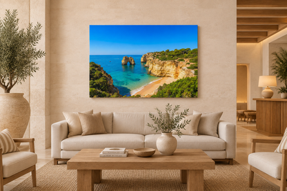 Algarve rock arch beach canvas above ivory seating in a boutique coastal hotel lobby - Portugal Canvas Co