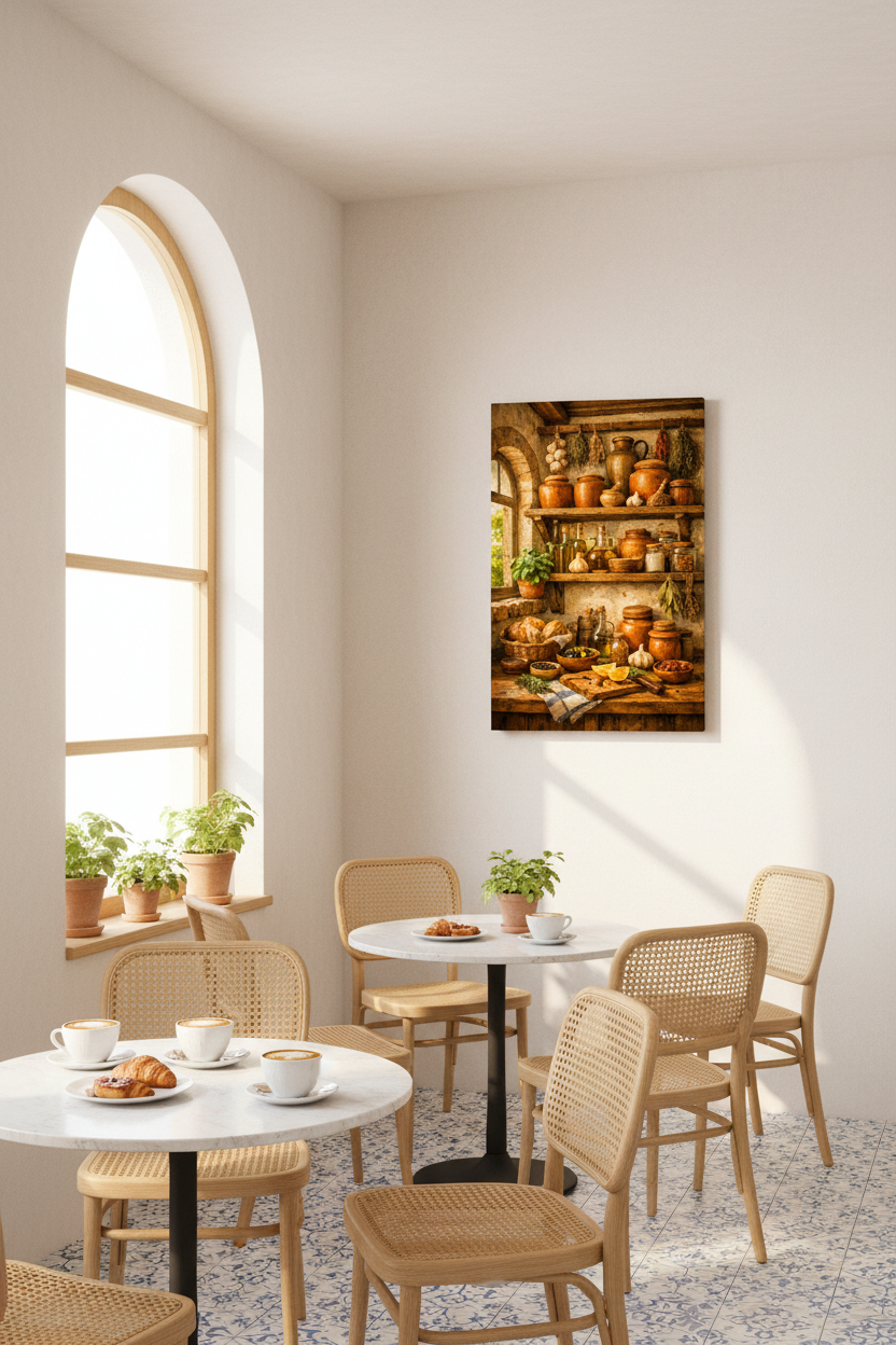 Mediterranean rustic kitchen pantry still life canvas wall art displayed in a bright Mediterranean café interior - Portugal Canvas Co