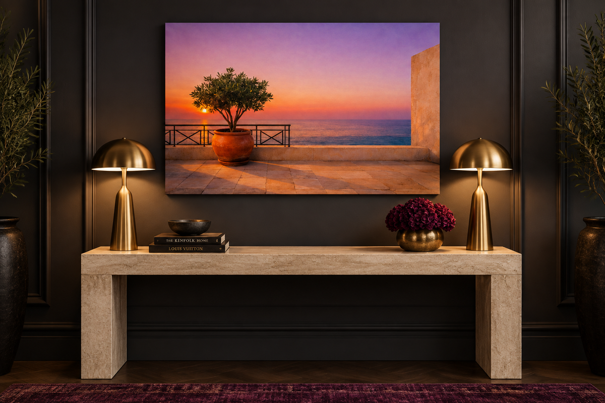 Mediterranean terrace at sunset canvas print above a stone console in a charcoal entryway - Portugal Canvas Co