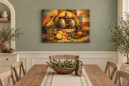 Olive oil press still life rustic Mediterranean canvas wall art in a sage-green toned dining room - Portugal Canvas Co
