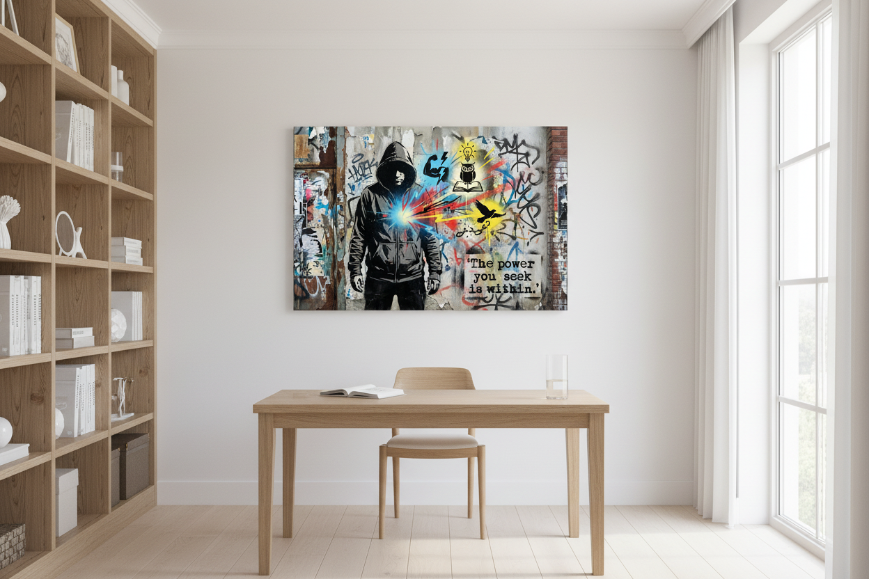 The power you seek is within Banksy style canvas wall art displayed on the wall of a bright modern home office with wooden desk and bookshelves - Portugal Canvas Co