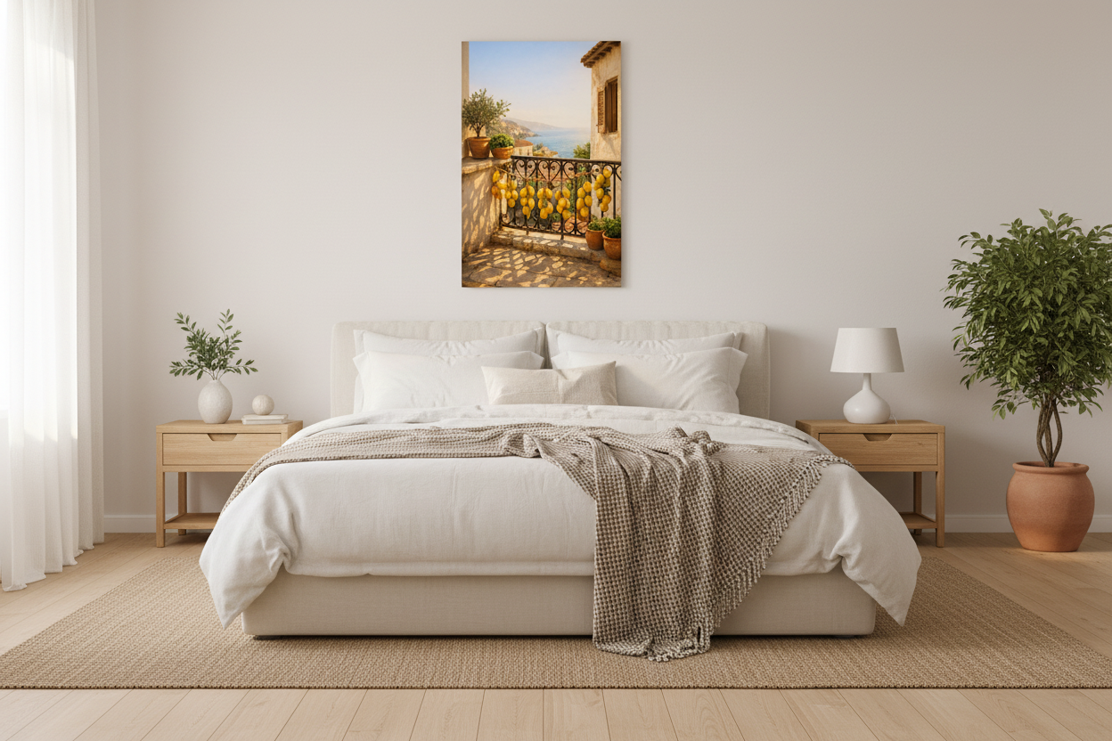 Mediterranean balcony with lemons canvas wall art displayed above a bed in a bright airy bedroom interior - Portugal Canvas Co