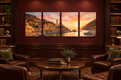 Four-panel Symi Greek harbour sunset canvas in a burgundy and walnut private club library - Portugal Canvas Co