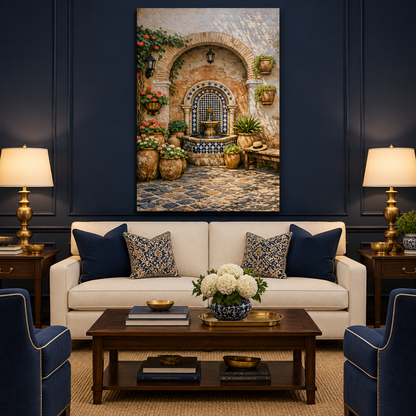 Mediterranean tiled courtyard fountain portrait canvas in a navy lounge - Portugal Canvas Co