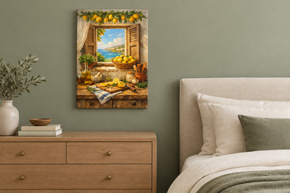 Mediterranean lemon and coastal window canvas displayed in a sage green bedroom - Portugal Canvas Co
