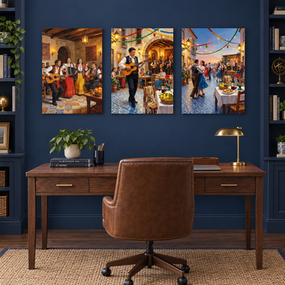 Three-panel Portuguese Festa music and dance canvas wall art in a navy home office - Portugal Canvas Co