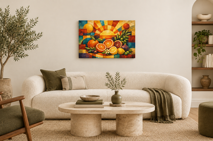 Citrus Sunrise geometric fruit gallery-wrapped canvas above a cream sofa in an ivory living room - Portugal Canvas Co