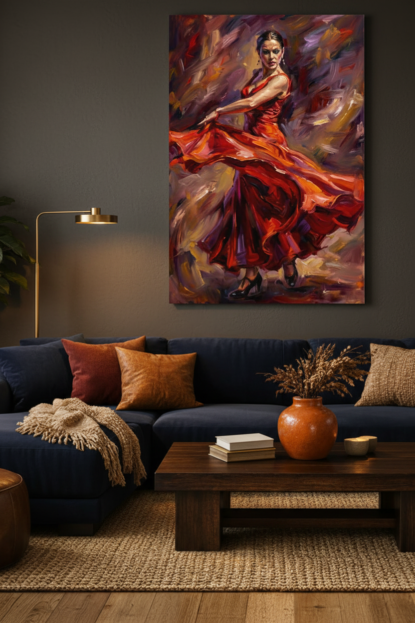 Flamenco dancer red dress canvas wall art on a charcoal grey wall in a dark moody living room with velvet sofa and brass accents - Portugal Canvas Co