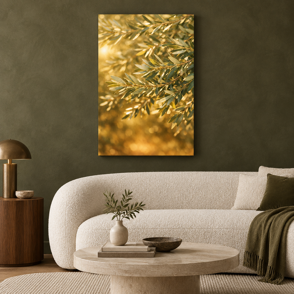 Golden olive branches canvas above a cream sofa against an olive green living room wall - Portugal Canvas Co