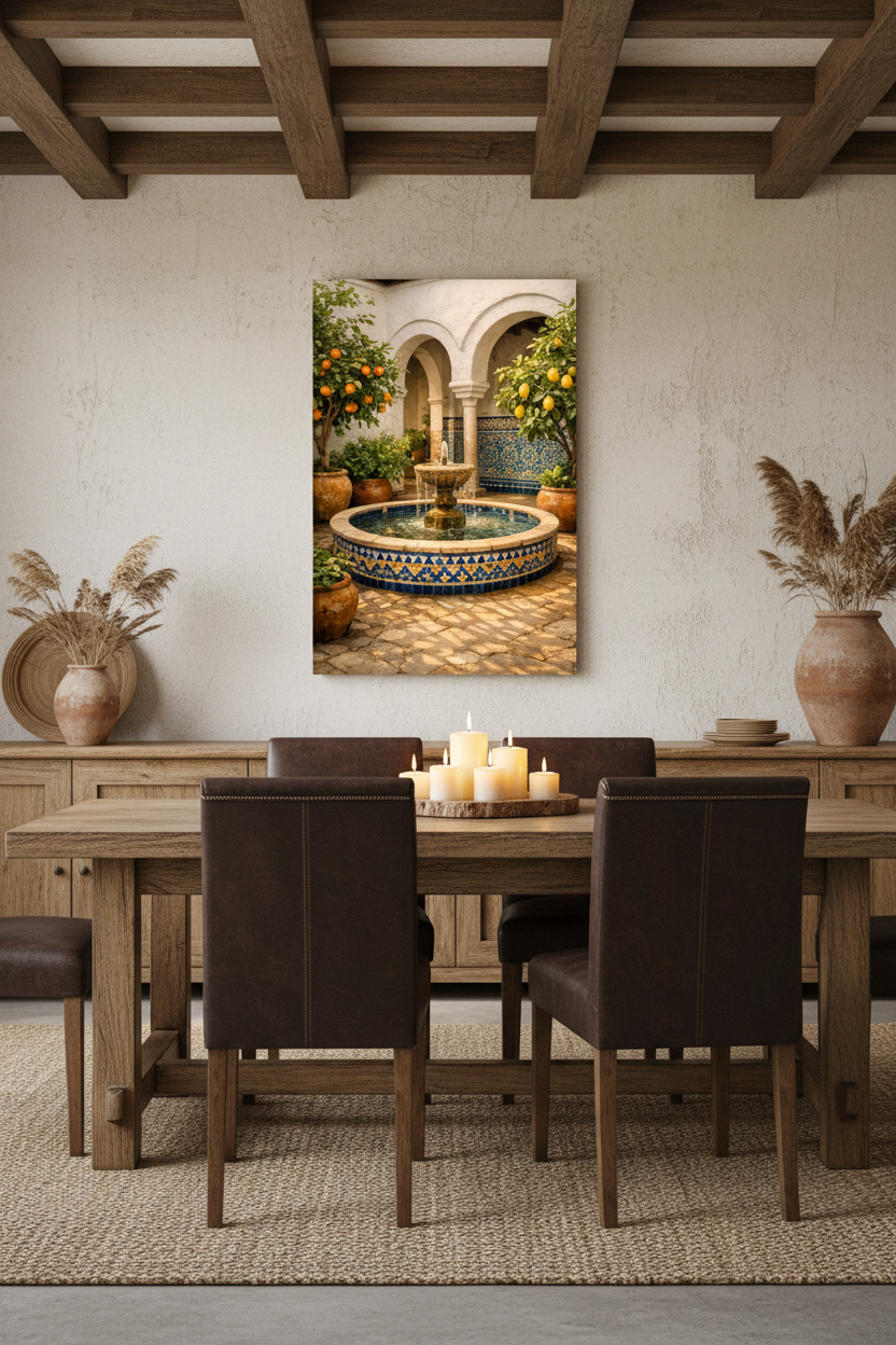 Andalusian courtyard fountain canvas wall art displayed above a rustic wooden dining table with leather chairs and exposed beams in a farmhouse dining room - Portugal Canvas Co