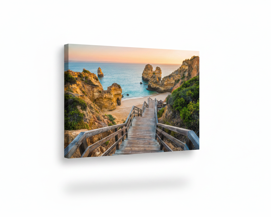 Algarve wooden boardwalk stairway to golden beach with rock formations and turquoise sea canvas wall art on white background - Portugal Canvas Co