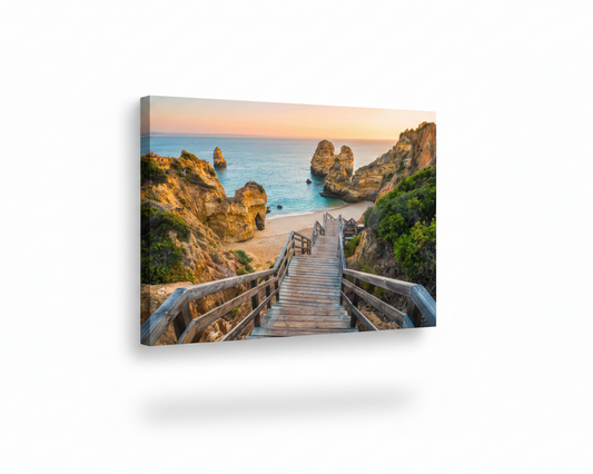 Algarve wooden boardwalk stairway to golden beach with rock formations and turquoise sea canvas wall art on white background - Portugal Canvas Co