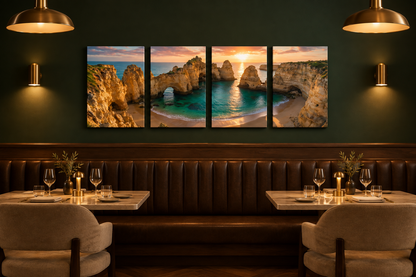 Four-panel Ponta da Piedade Algarve sunset canvas on a forest-green wall in an upscale dining room with warm brass lighting - Portugal Canvas Co