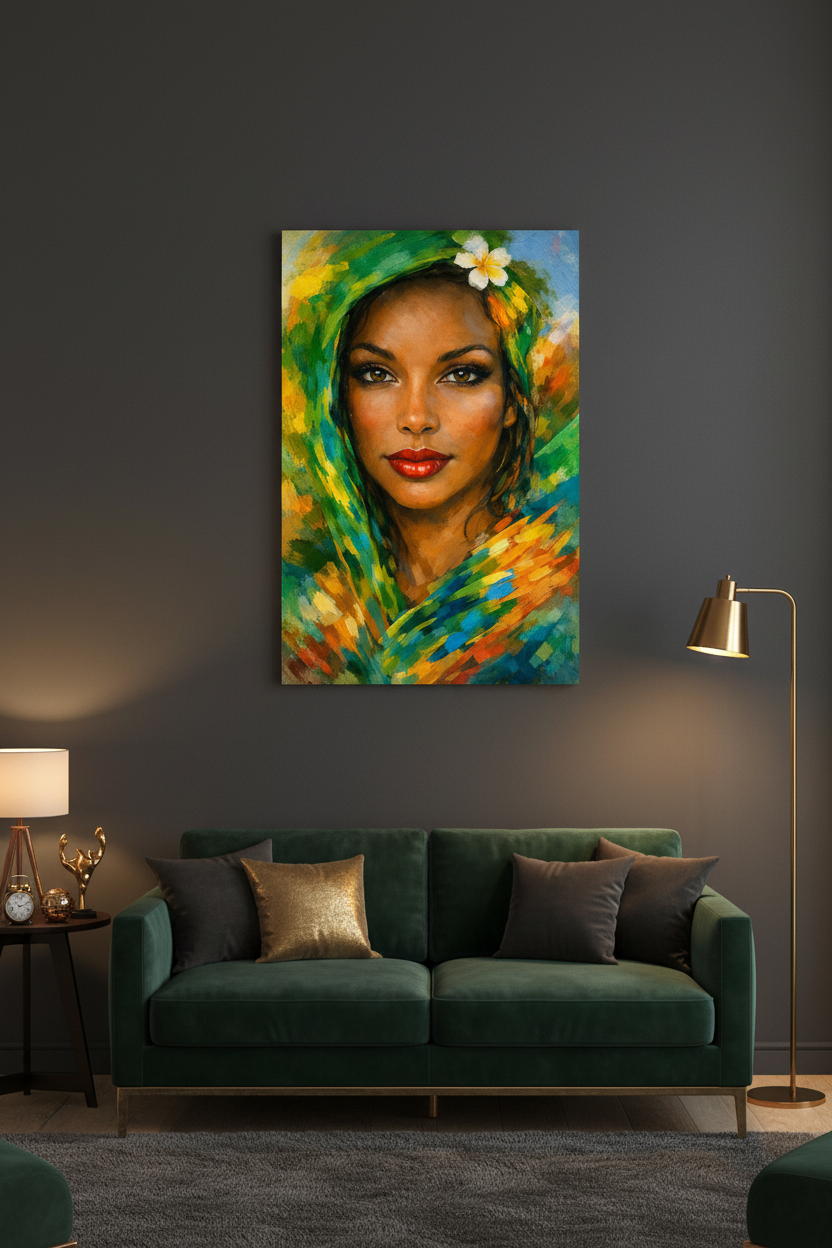 Vibrant colourful woman portrait canvas wall art on a charcoal grey wall in a dark moody living room with velvet sofa and brass accents - Portugal Canvas Co