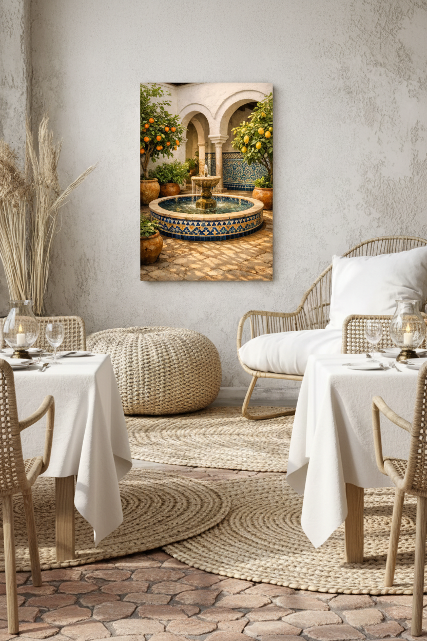 Andalusian courtyard fountain canvas wall art displayed on a terracotta wall in a Mediterranean restaurant with rattan chairs and candlelight - Portugal Canvas Co