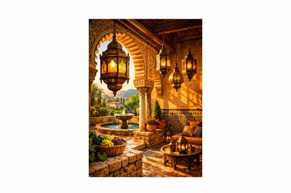 Portrait ornate archway and glowing lantern courtyard canvas artwork centred on a pure white 3:2 background - Portugal Canvas Co