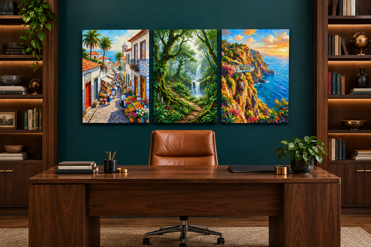 Village street, forest waterfall and coastal cliffs three-panel canvas above a walnut desk in a teal study - Portugal Canvas Co