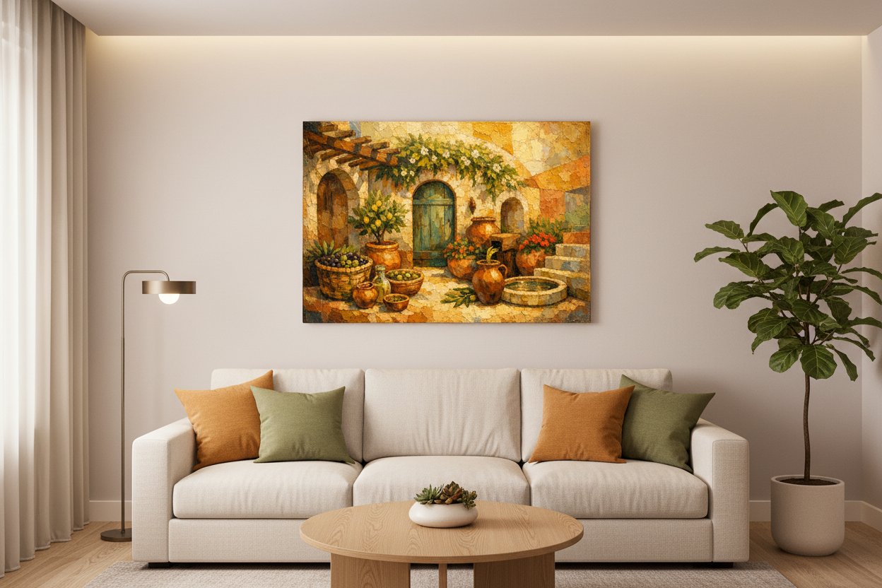 Mediterranean courtyard still life canvas wall art displayed as a statement piece in a modern living room - Portugal Canvas Co
