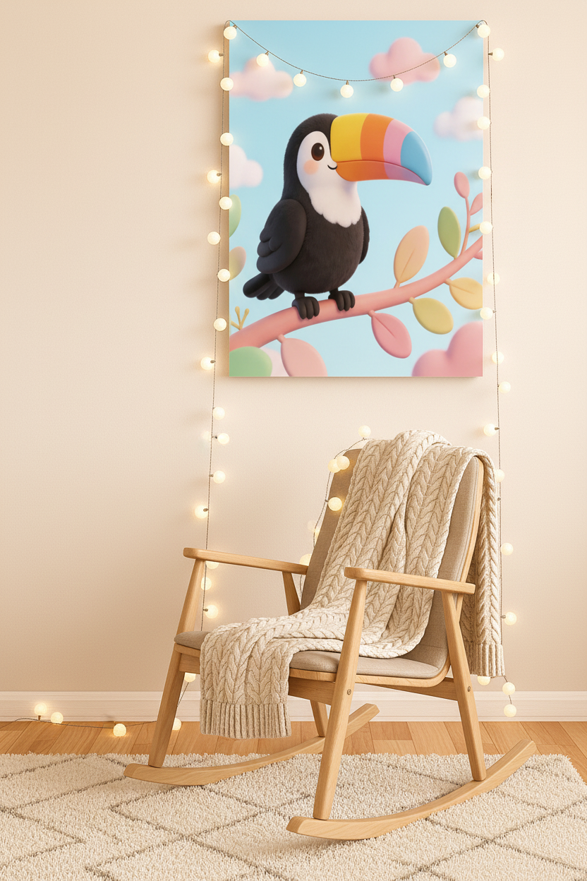 Cute toucan nursery canvas wall art above a rocking chair in a cozy nursery reading nook - Portugal Canvas Co