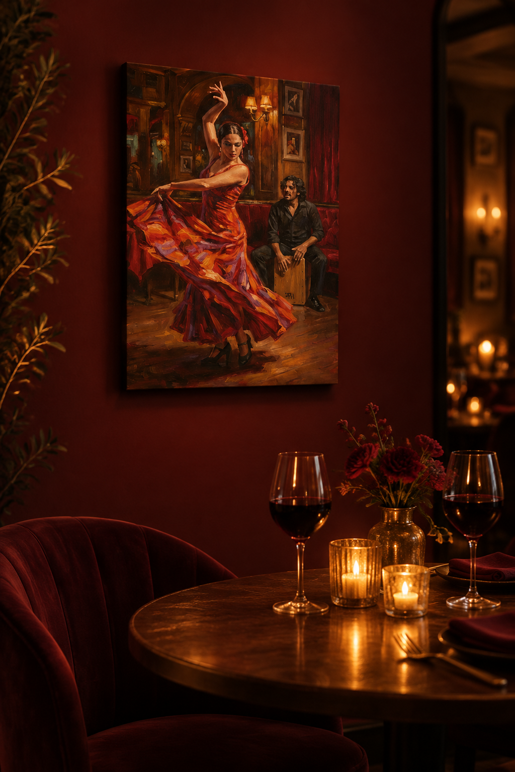 Flamenco dancer and cajon musician canvas wall art on a deep burgundy wall beside a candlelit table set with red wine in an evening dining nook - Portugal Canvas Co