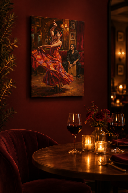 Flamenco dancer and cajon musician canvas wall art on a deep burgundy wall beside a candlelit table set with red wine in an evening dining nook - Portugal Canvas Co
