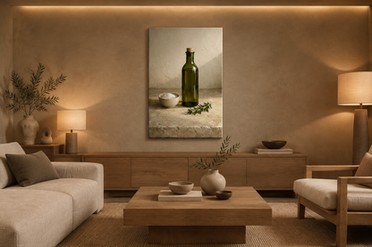 Olive oil bottle and rosemary canvas in a softly lamp-lit Japandi sitting room - Portugal Canvas Co