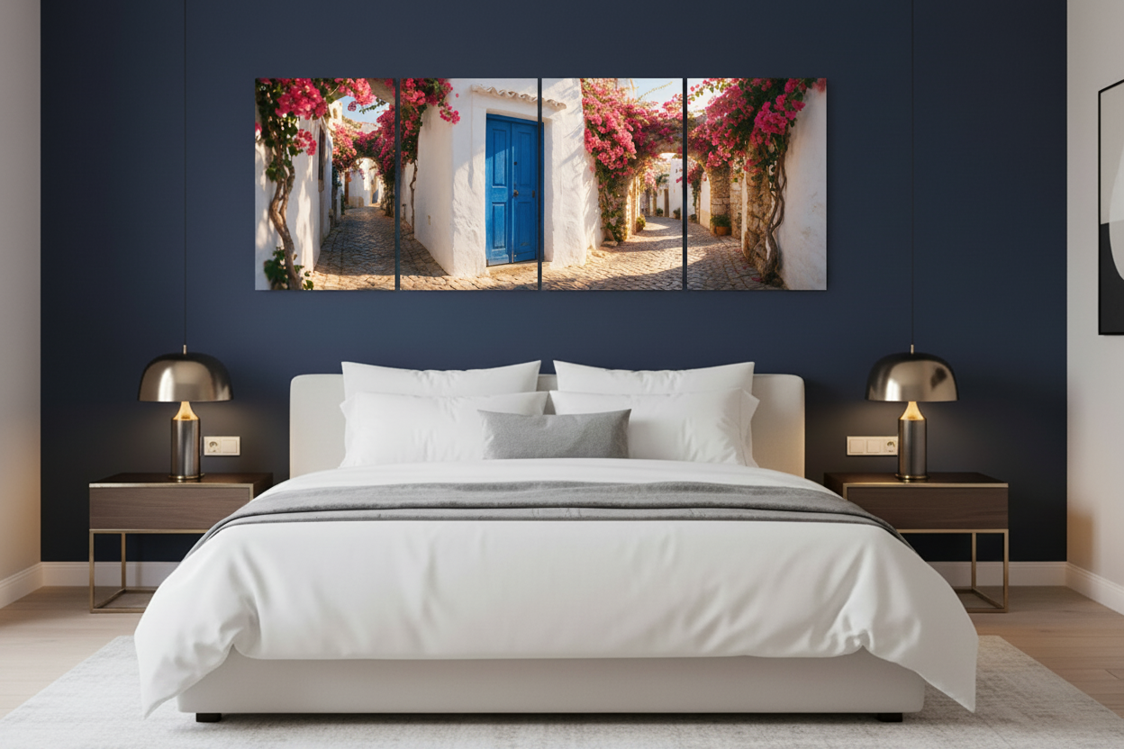 Four-panel Albufeira Old Town canvas wall art in a luxury boutique hotel suite - Portugal Canvas Co
