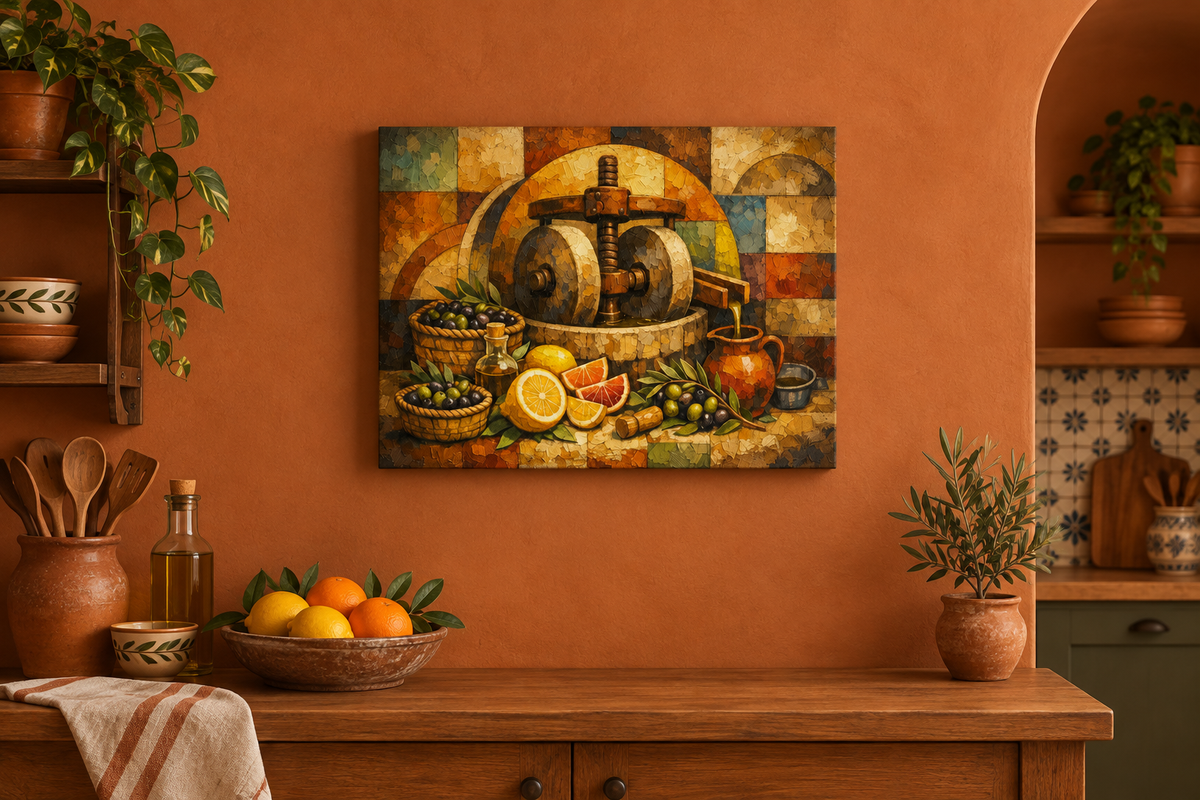 Olive oil press still life rustic Mediterranean canvas wall art in a warm terracotta-toned kitchen - Portugal Canvas Co