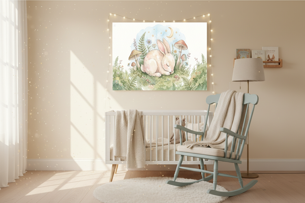 Sleeping baby rabbit nursery canvas wall art above a rocking chair in a cozy nursery reading nook - Portugal Canvas Co