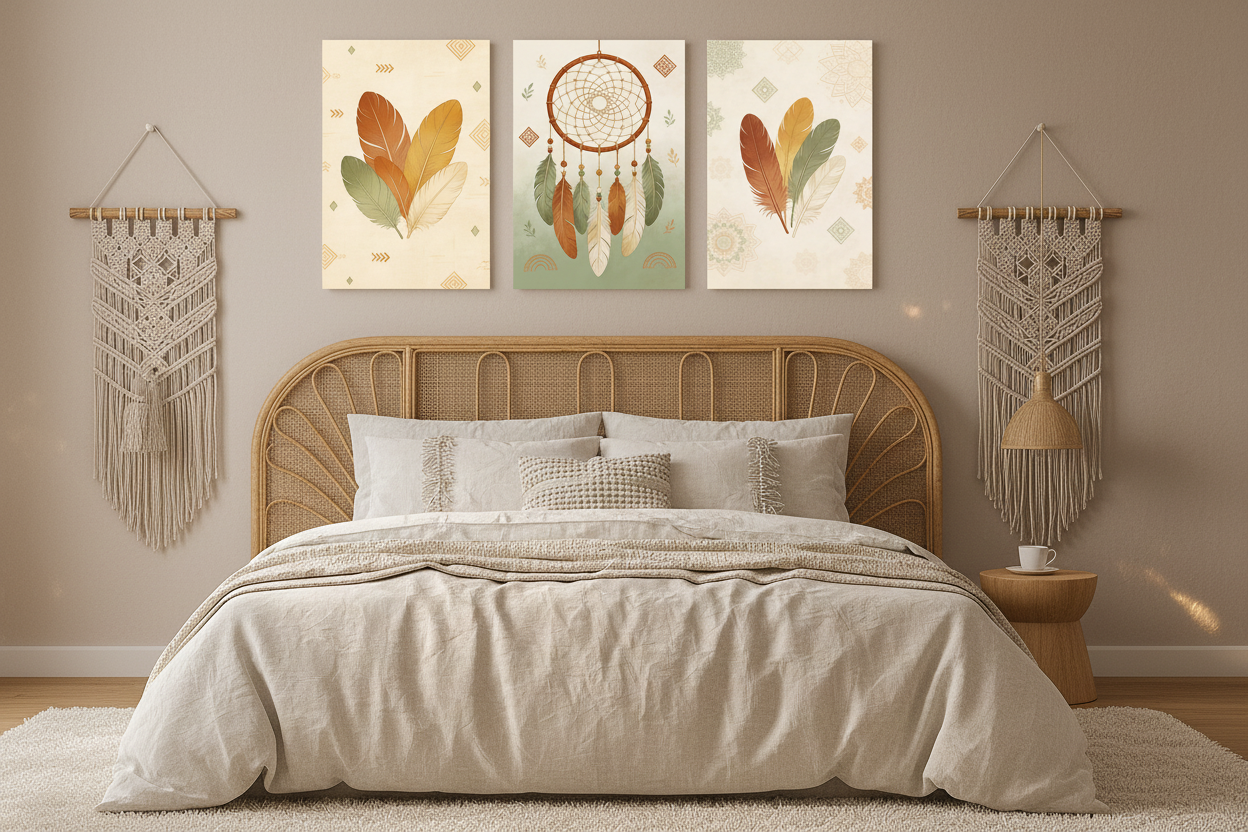 Boho dreamcatcher triptych canvas wall art set displayed above the bed in a cosy boho bedroom with linen bedding and rattan headboard - Portugal Canvas Co