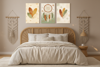 Boho dreamcatcher triptych canvas wall art set displayed above the bed in a cosy boho bedroom with linen bedding and rattan headboard - Portugal Canvas Co