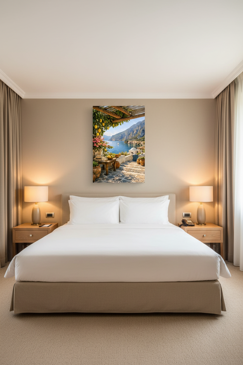 Mediterranean lemon terrace canvas print displayed above a king bed headboard in a luxury boutique hotel bedroom with white linen - Portugal Canvas Co