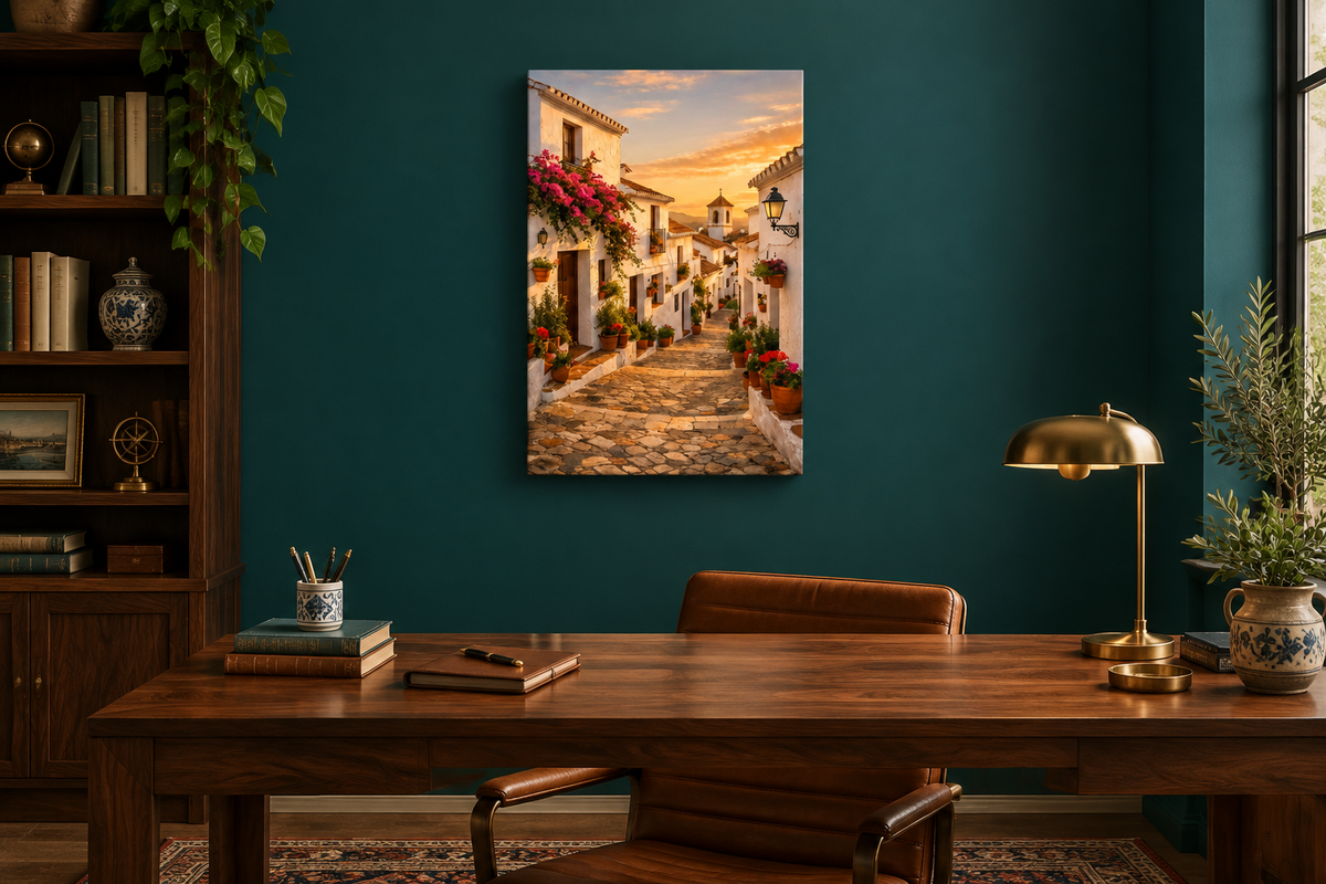 Whitewashed village street with bougainvillea canvas wall art in a teal home office with walnut desk - Portugal Canvas Co