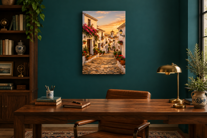 Whitewashed village street with bougainvillea canvas wall art in a teal home office with walnut desk - Portugal Canvas Co