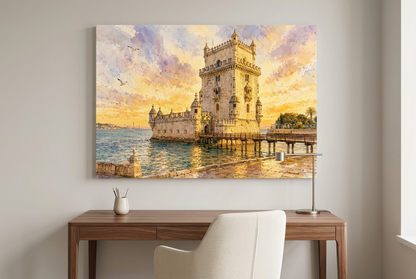 Belém Tower sunset canvas print displayed in a neutral home office - Portugal Canvas Co